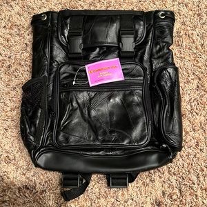 Black leather backpack.